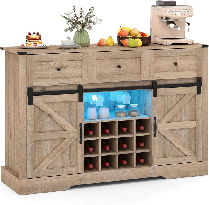 Giantex Wine Bar Cabinet with LED Lights 52" Buffet Sideboard w/Sliding Barn Door 3 Drawer