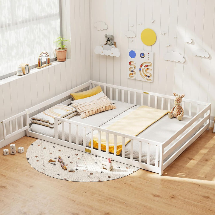 Giantex Floor Bed with Door & Fence Kids Wood Montessori Beds with Safety Guardrails