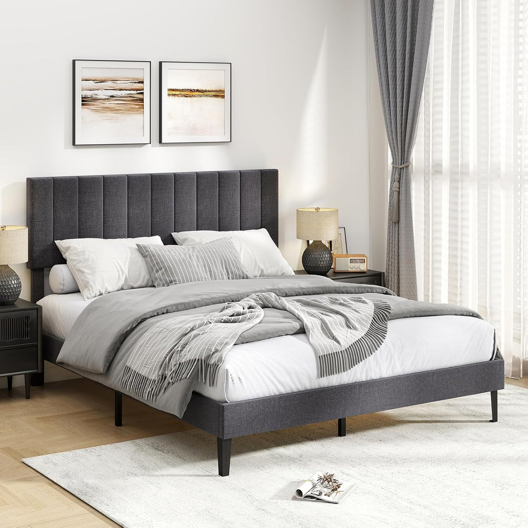 Giantex Upholstered Bed Frame Platform Bed with Height Adjustable Vertical Channel Headboard
