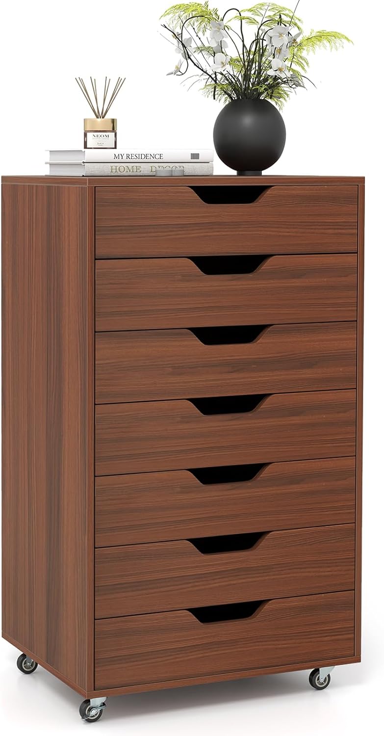 Giantex 7-Drawer Chest Wooden Storage Dresser with Lockable Wheels