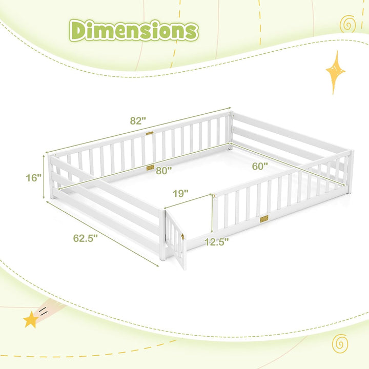 Giantex Floor Bed with Door & Fence Kids Wood Montessori Beds with Safety Guardrails