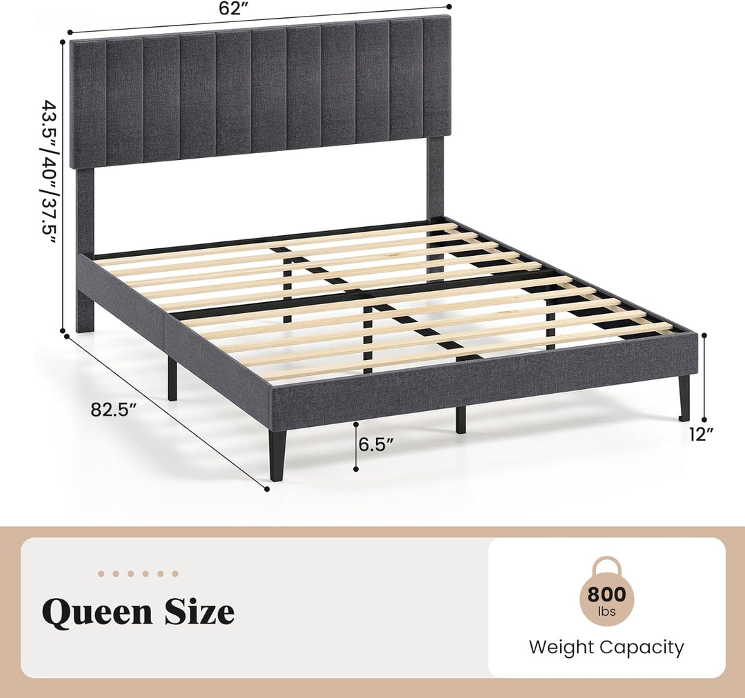 Giantex Upholstered Bed Frame Platform Bed with Height Adjustable Vertical Channel Headboard