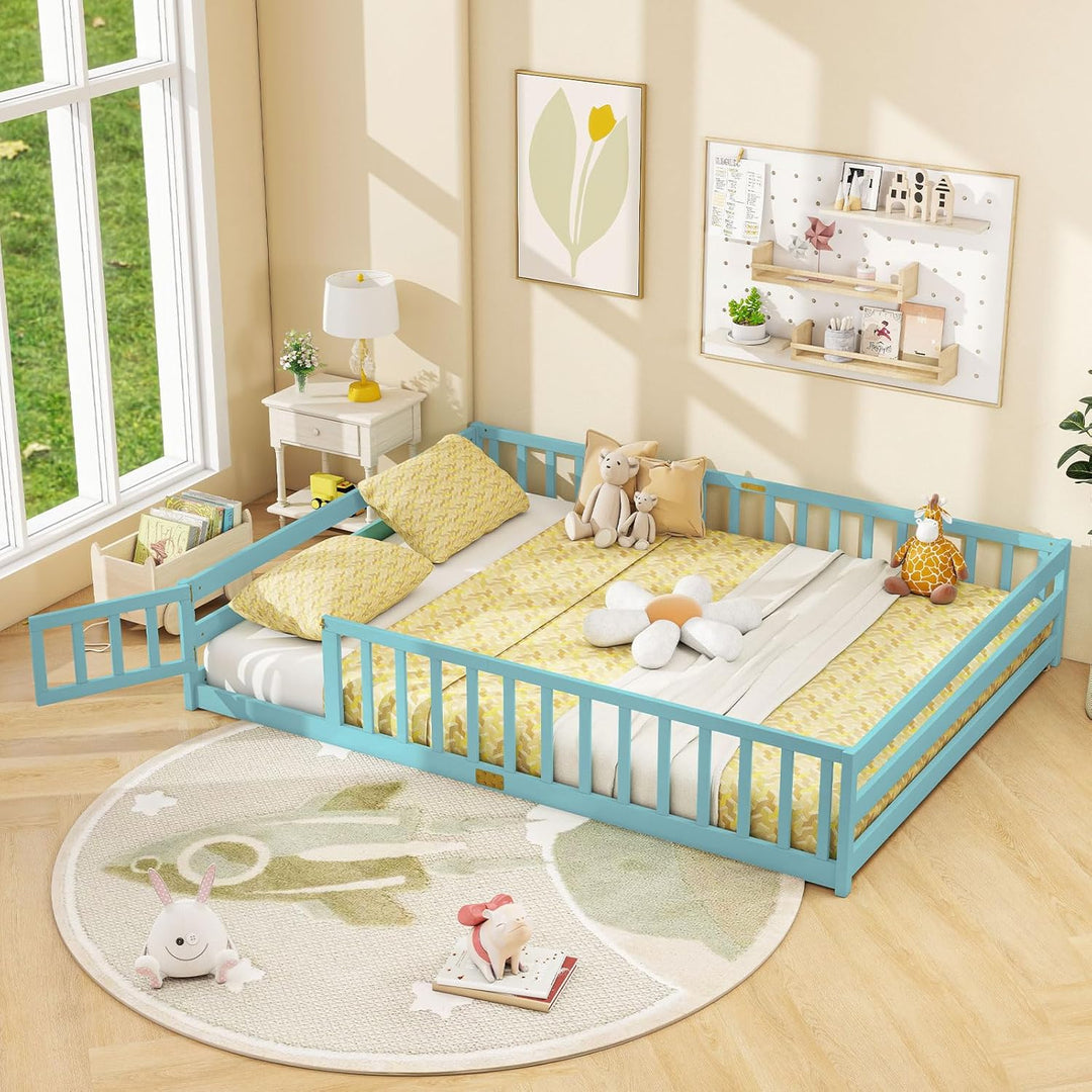 Giantex Floor Bed with Door & Fence Kids Wood Montessori Beds with Safety Guardrails
