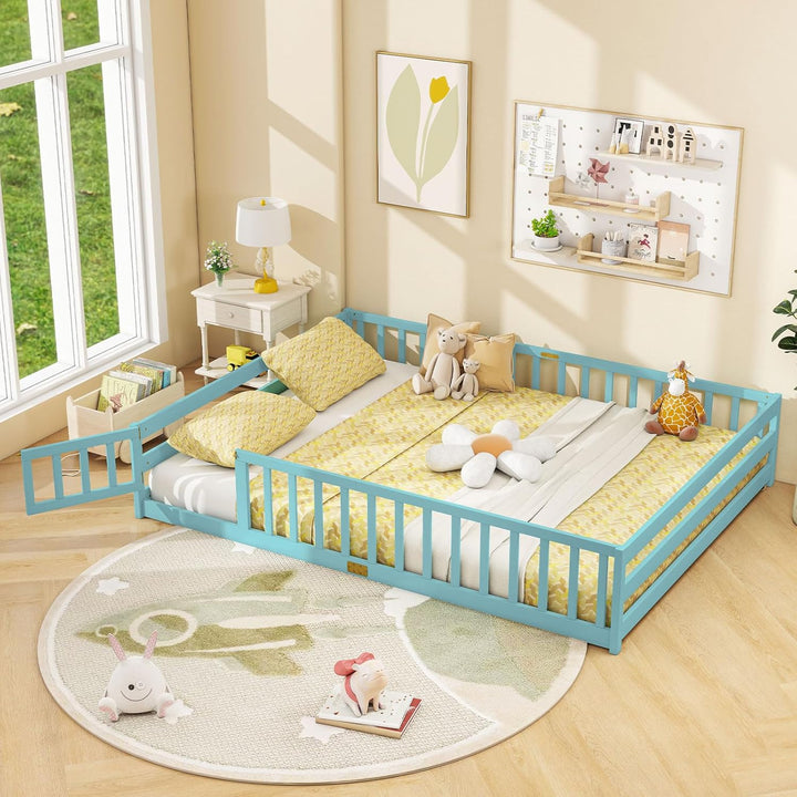 Giantex Floor Bed with Door & Fence Kids Wood Montessori Beds with Safety Guardrails