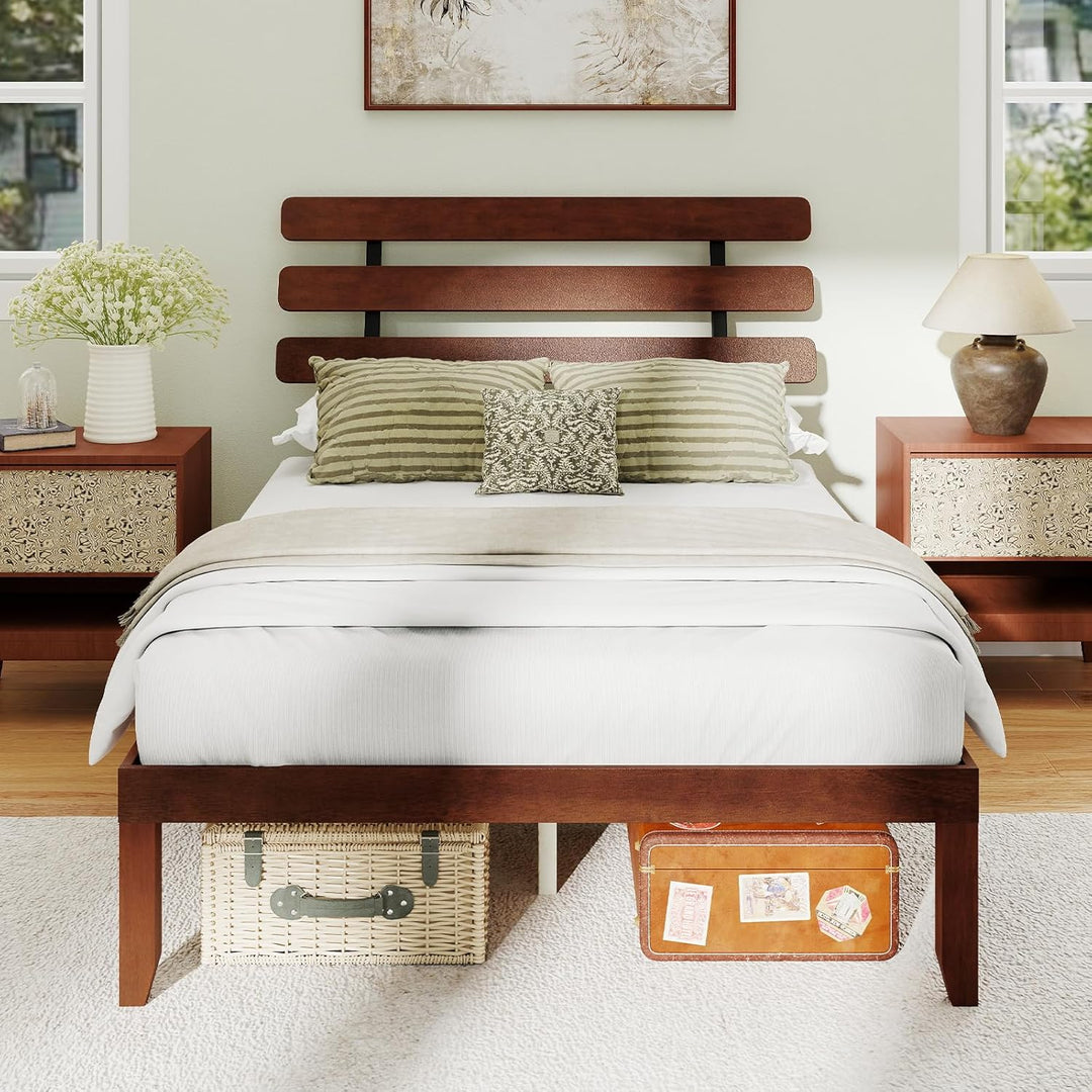 Giantex Platform Bed with Retro Headboard Mid Century Modern Bed Frame with Wood Slat Support