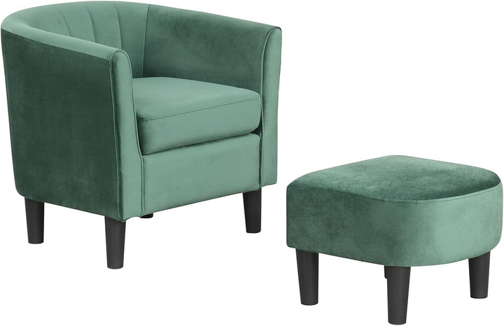 Giantex Modern Accent Chair with Ottoman, Upholstered Teddy Velvet Barrel Club Chair w/Footrest