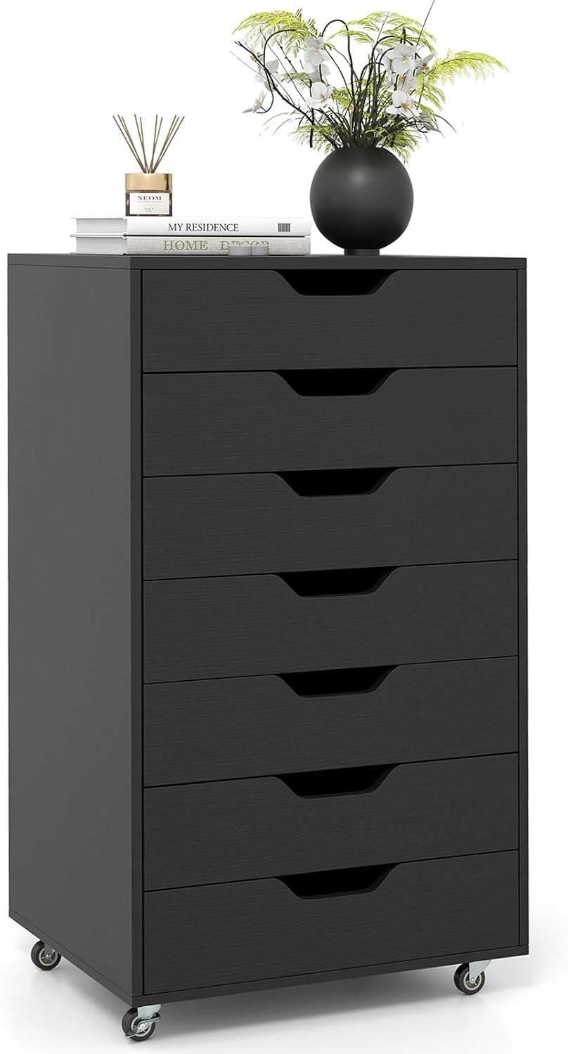 Giantex 7-Drawer Chest Wooden Storage Dresser with Lockable Wheels