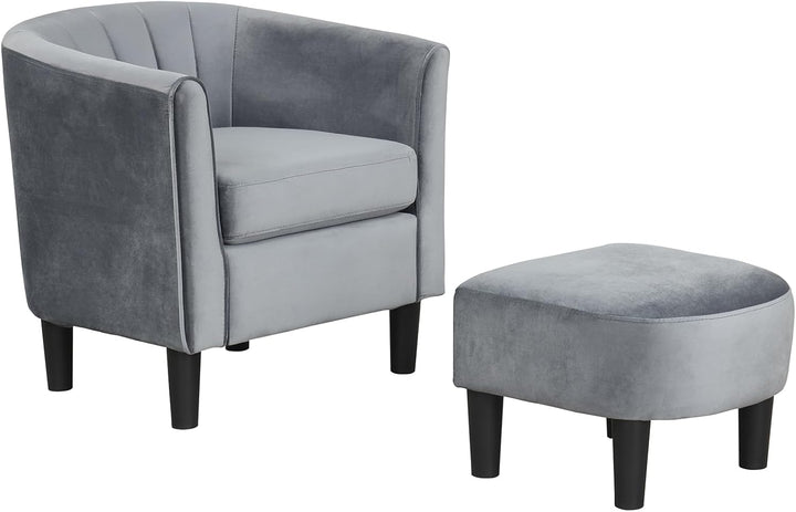 Giantex Modern Accent Chair with Ottoman, Upholstered Teddy Velvet Barrel Club Chair w/Footrest