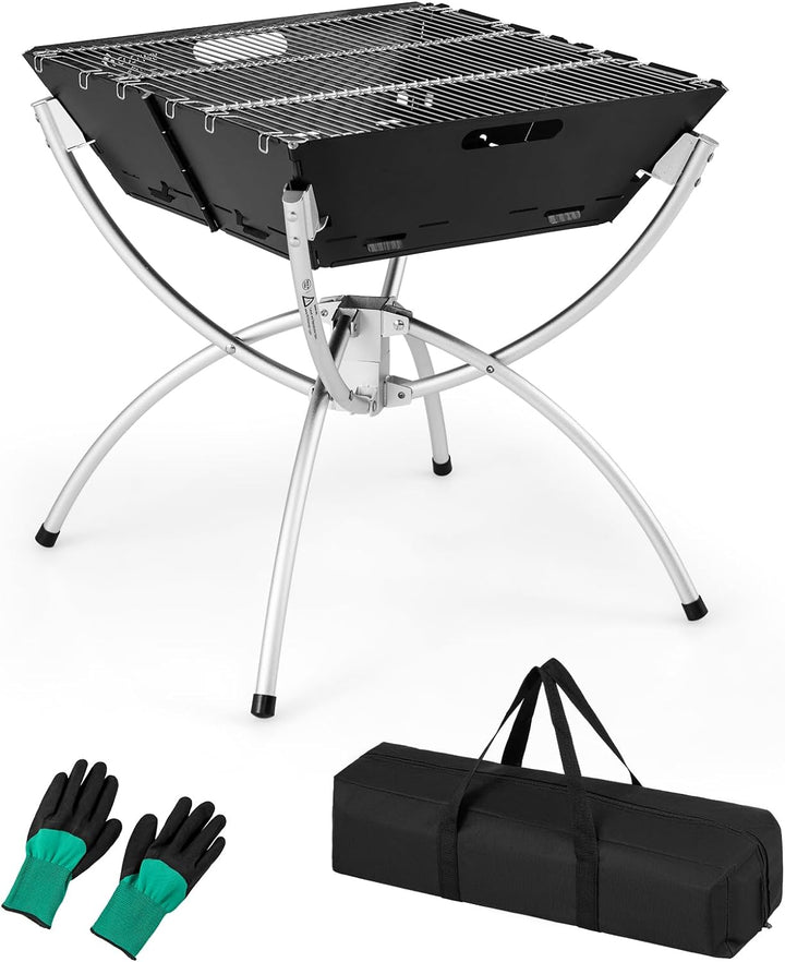 Giantex Folding Campfire Grill, Camping Fire Pit with Stainless Steel Grates, Collapsible Aluminum Legs, Carry Bag