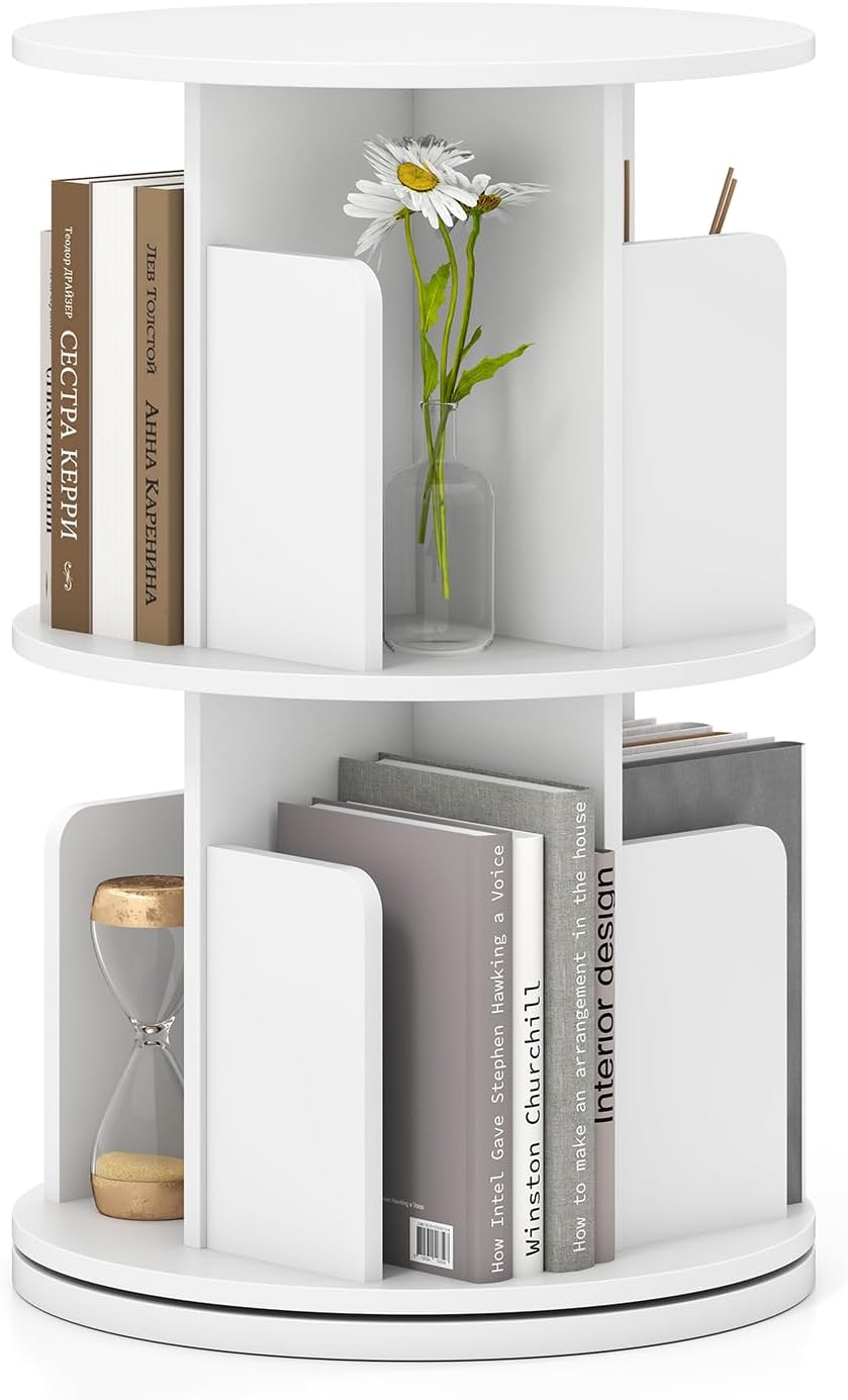 Giantex 2-Tier Rotating Bookshelf 360° Display Rack w/Dividers & Anti-Falling Baffles