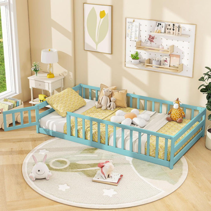 Giantex Floor Bed with Door & Fence Kids Wood Montessori Beds with Safety Guardrails