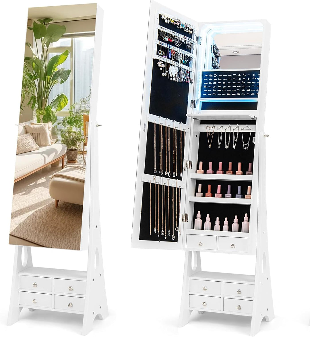 CHARMAID Jewelry Armoire with Full Length Door Mirror & Inside Lighted Vanity Mirror