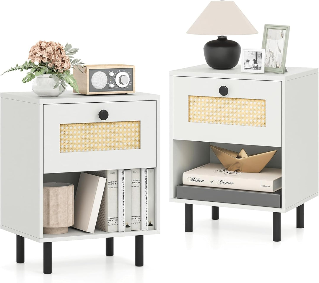 Giantex Rattan Nightstand Boho End Table with Rattan Drawer and Open Shelf