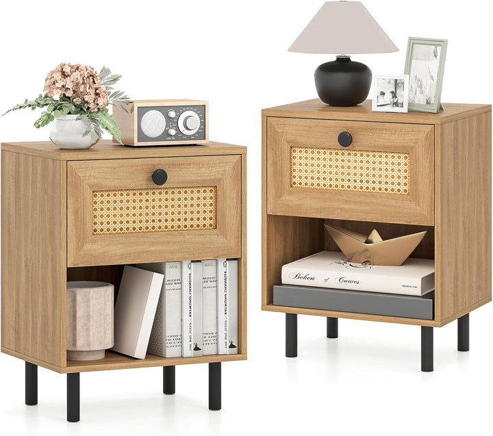 Giantex Rattan Nightstand Boho End Table with Rattan Drawer and Open Shelf