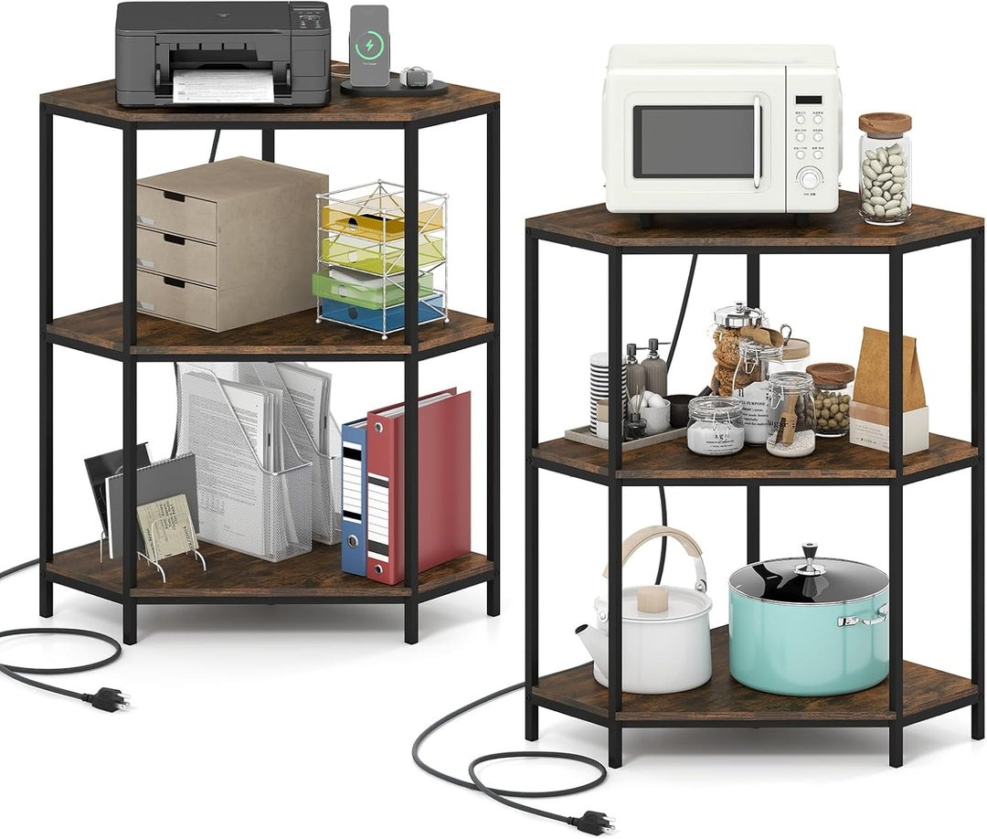 Giantex Corner Printer Stand 3-Tier Corner Shelf with Charging Station and Metal Frame