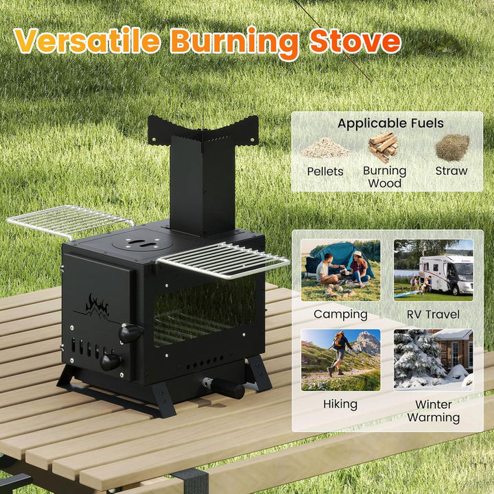 Giantex Portable Wood Burning Stove Mini Heater Burner with Pot Rack Oven Pan