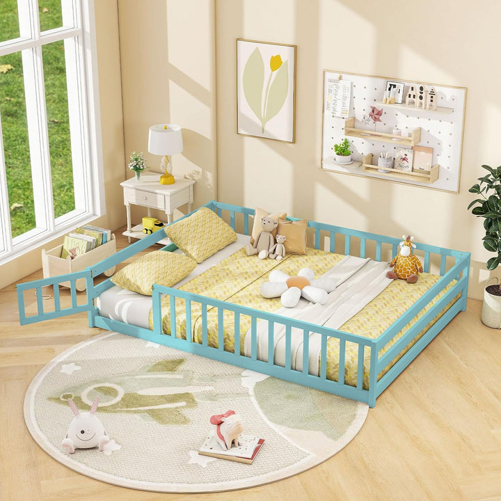 Giantex Floor Bed with Door & Fence Kids Wood Montessori Beds with Safety Guardrails