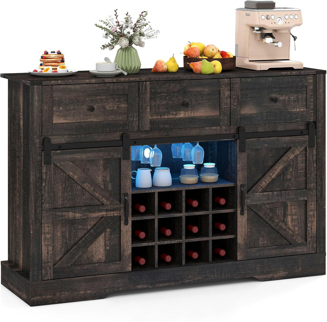 Giantex Wine Bar Cabinet with LED Lights 52" Buffet Sideboard w/Sliding Barn Door 3 Drawer