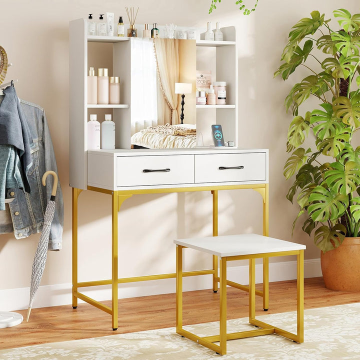 CHARMAID Vanity Desk with Charging Station Mirror Cabinet with Hidden Storage