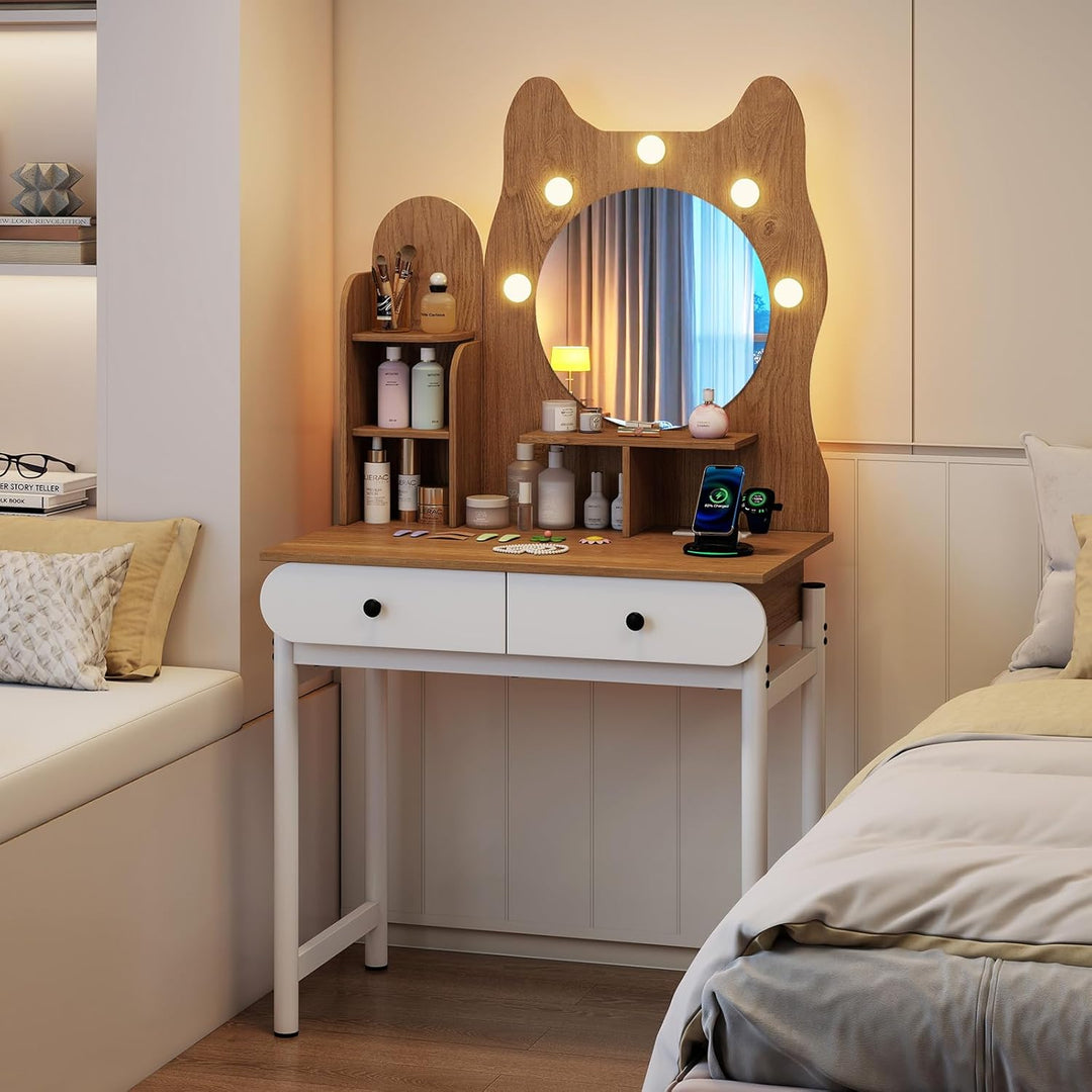 CHARMAID Small Vanity Desk with Mirror and Lights Cute Kitty Makeup Table with Power Outlets