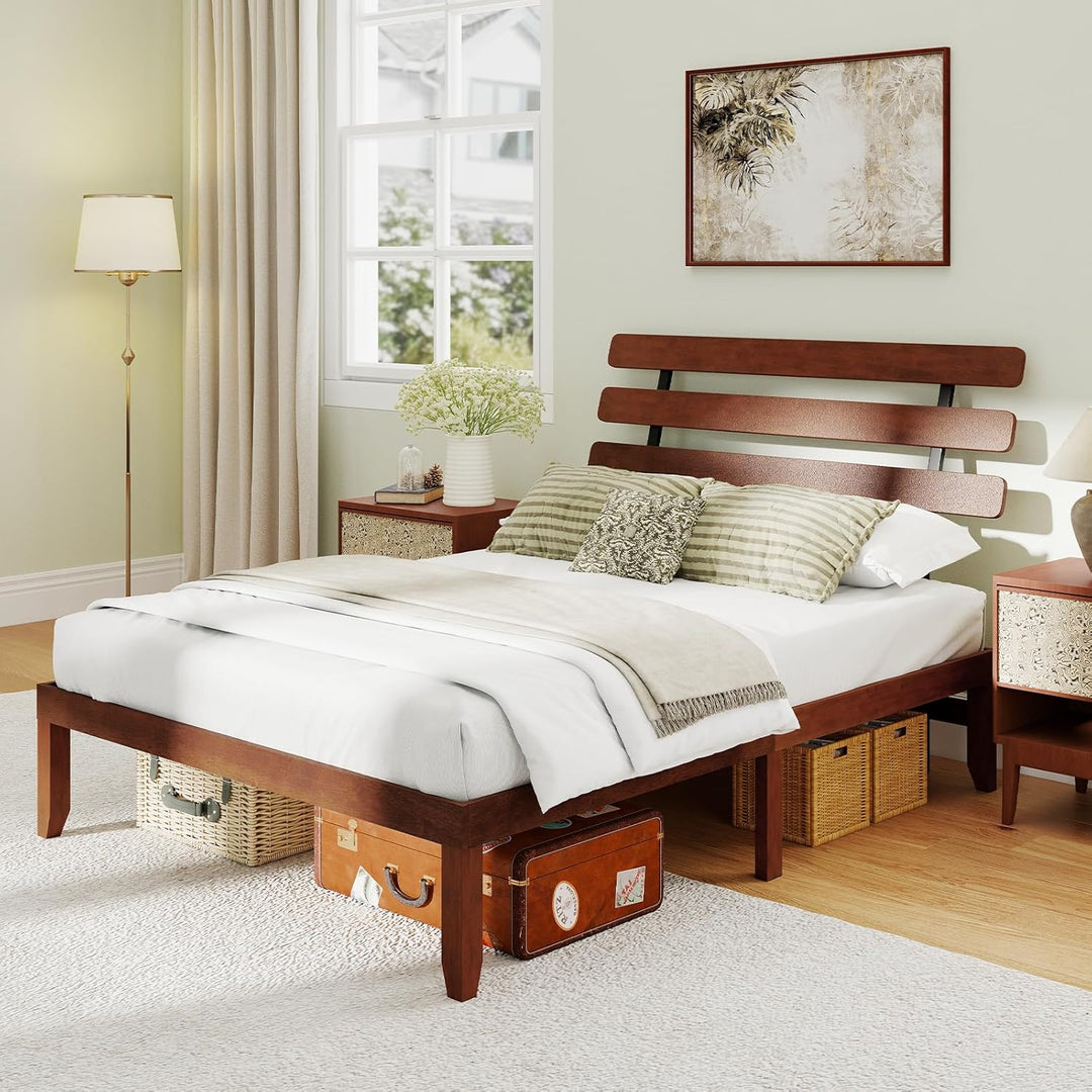 Giantex Platform Bed with Retro Headboard Mid Century Modern Bed Frame with Wood Slat Support