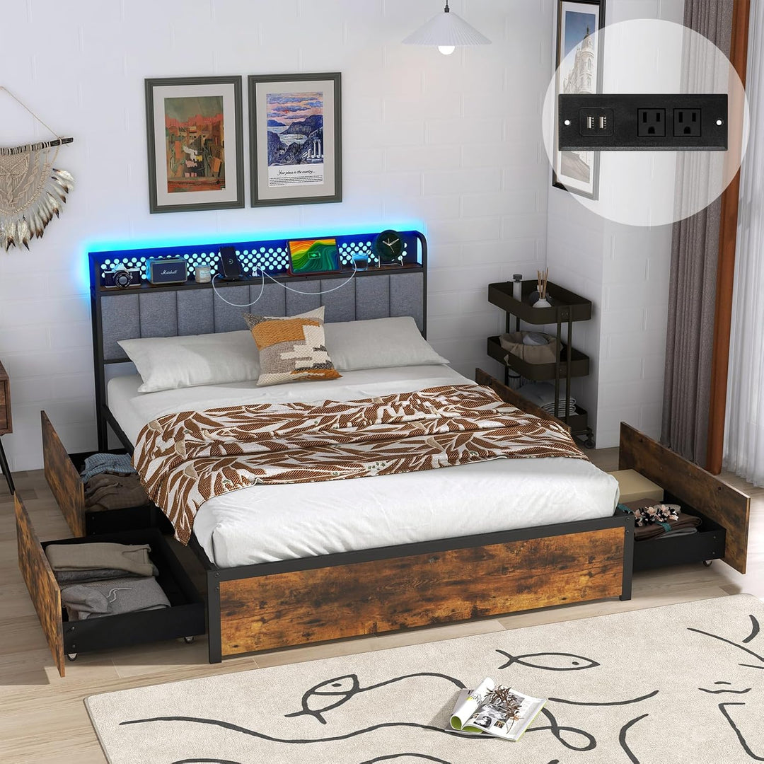 Giantex LED Bed Frame with Charging Station, Metal Platform Bed with Upholstered Headboard & 4 Storage Drawers