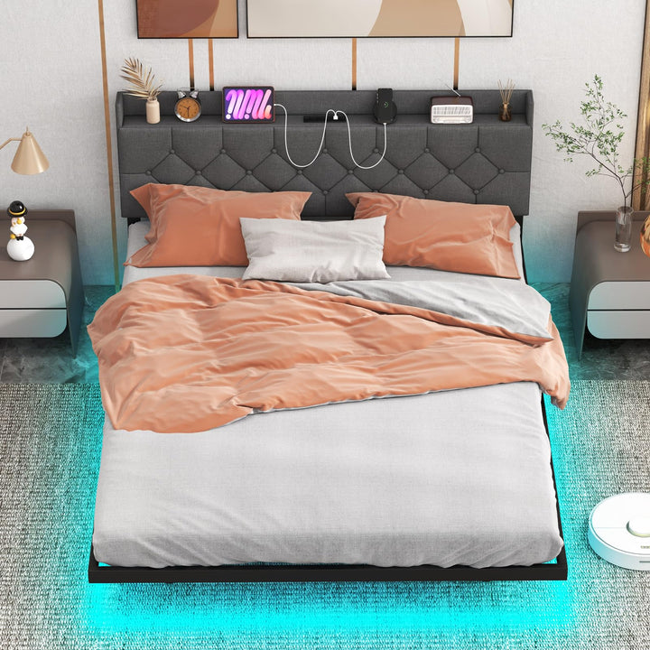 Giantex Floating Bed Frame with LED Lights, Modern Platform Bed with Adjustable Upholstered Headboard & Charging Station