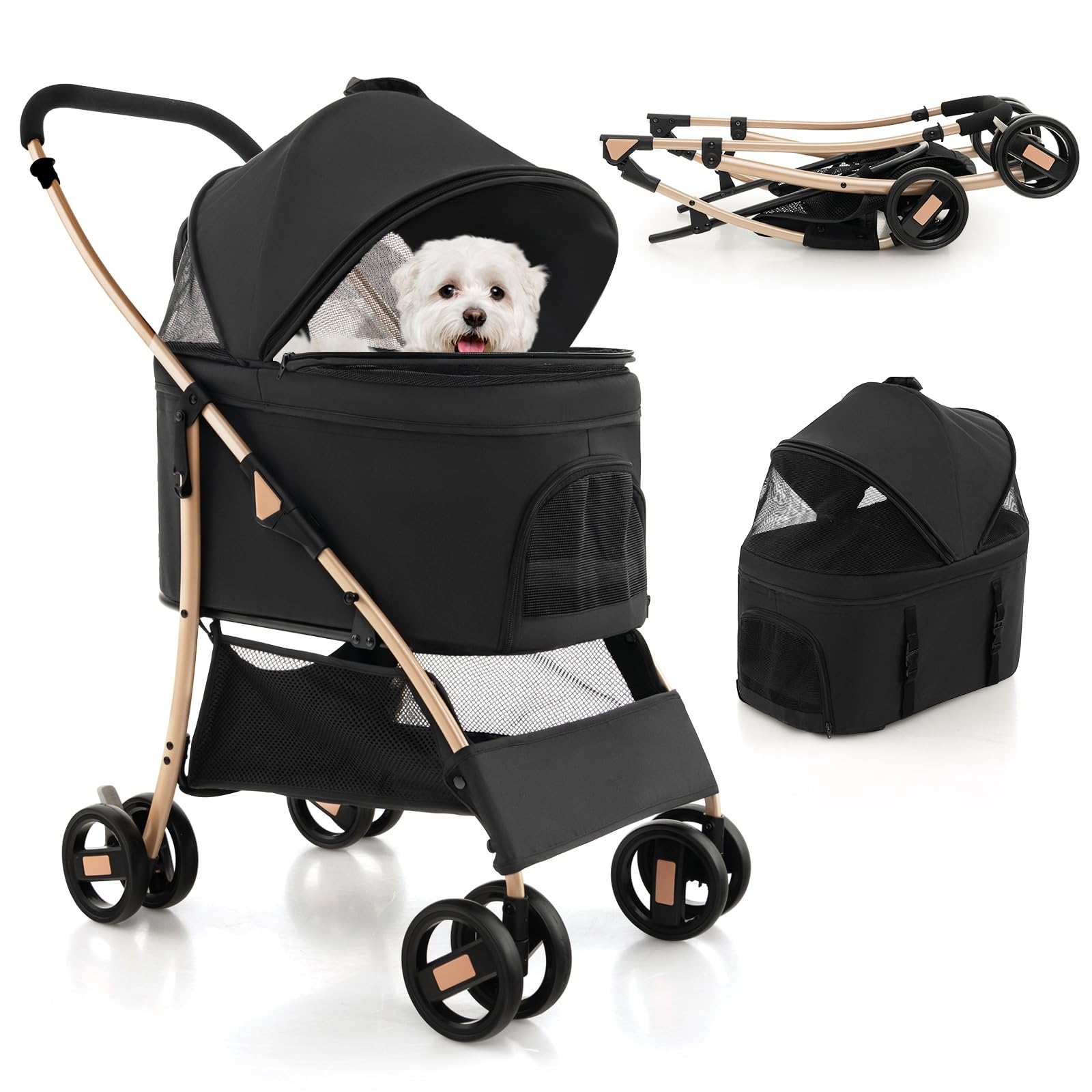 Giantex Pet Stroller 3-in-1, Folding Dog Stroller Detachable Carrier Car Seat (Black & Gold)