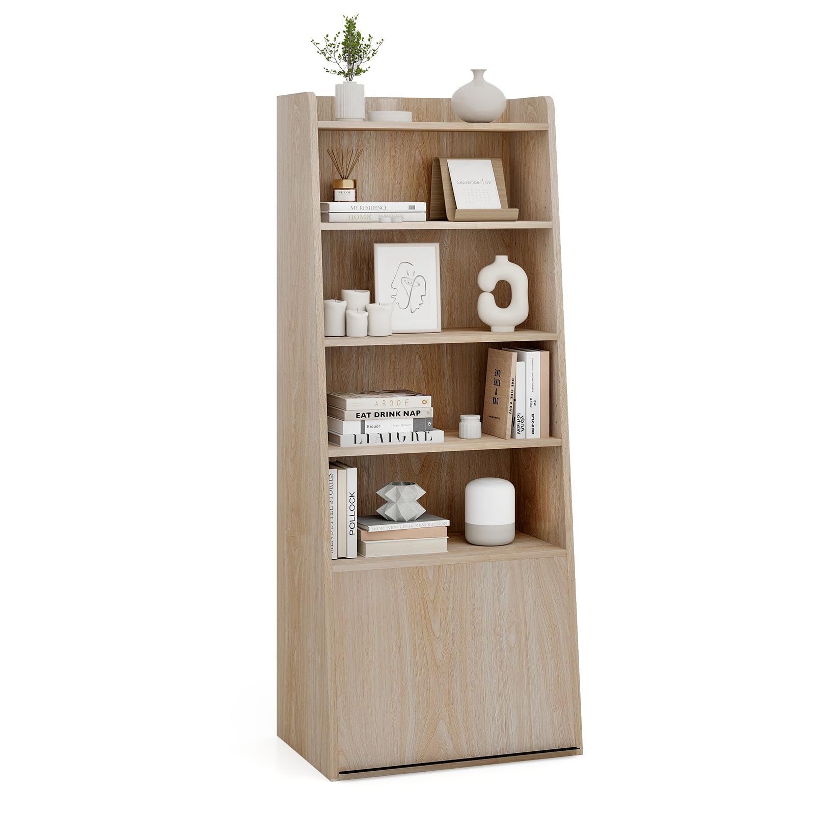 Giantex 6-Tier Bookcase, Freestanding Ladder Bookshelf with 2 Adjustable Shelves & Flip Up Door