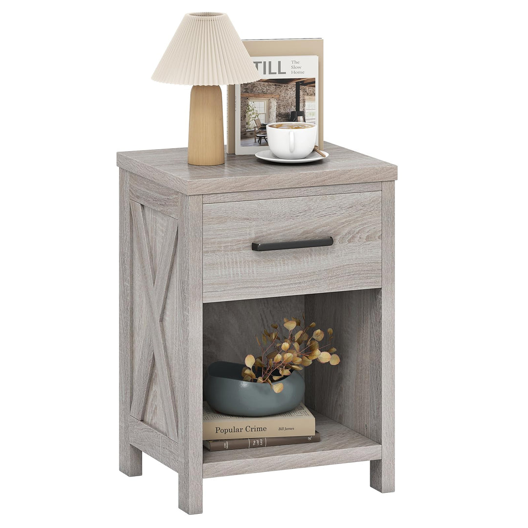 Giantex Wooden Bedside Table with Storage Drawer and Open Shelf