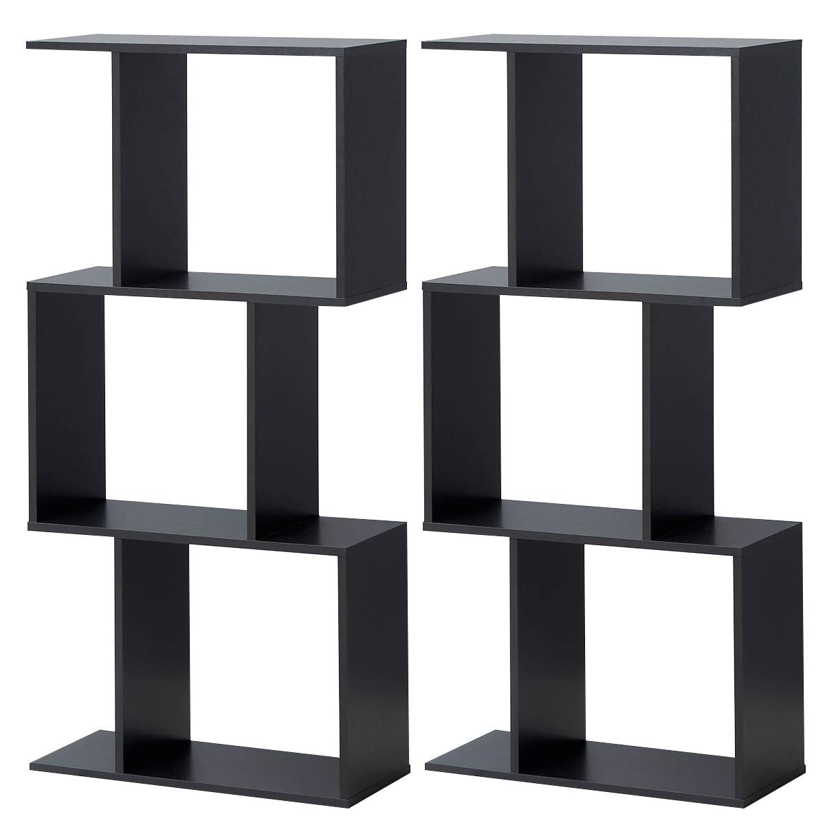 3-Tier Bookshelf S Shaped Bookcase, Free Standing Industrial Storage Rack