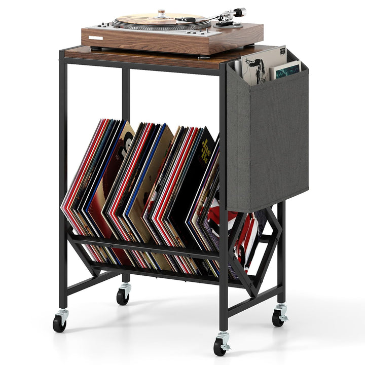Giantex Rolling Record Player Stand 2-Tier with Vinyl Storage and Magazine Holder Bag