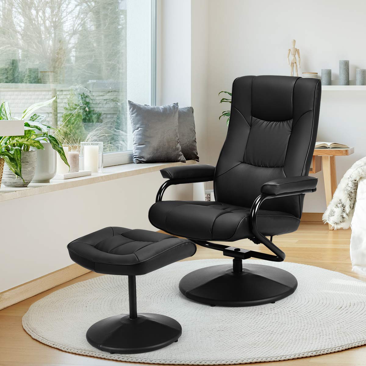 Giantex Recliner Chair with Ottoman, 360 Degree Swivel Leather Reclining Chair with Stable Steel Base