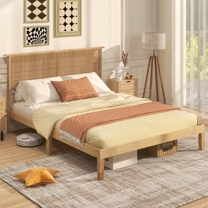 Giantex Bed Frames with Rattan Headboard, Boho Solid Wood Platform Bed with Wooden Slats