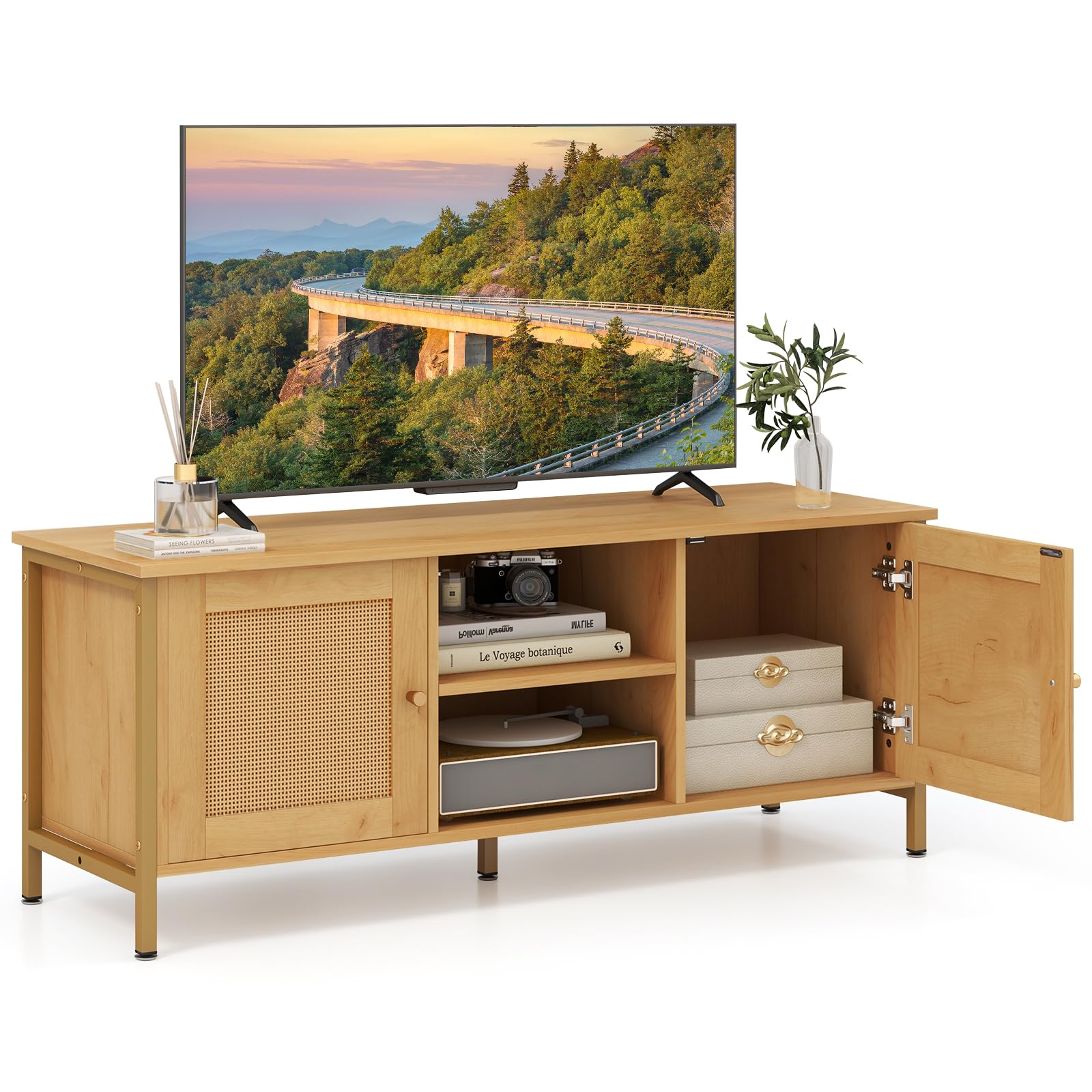 Giantex TV Stand for TVs up to 55'' - Farmhouse Entertainment Center with 2 Cabinets, Storage Shelves
