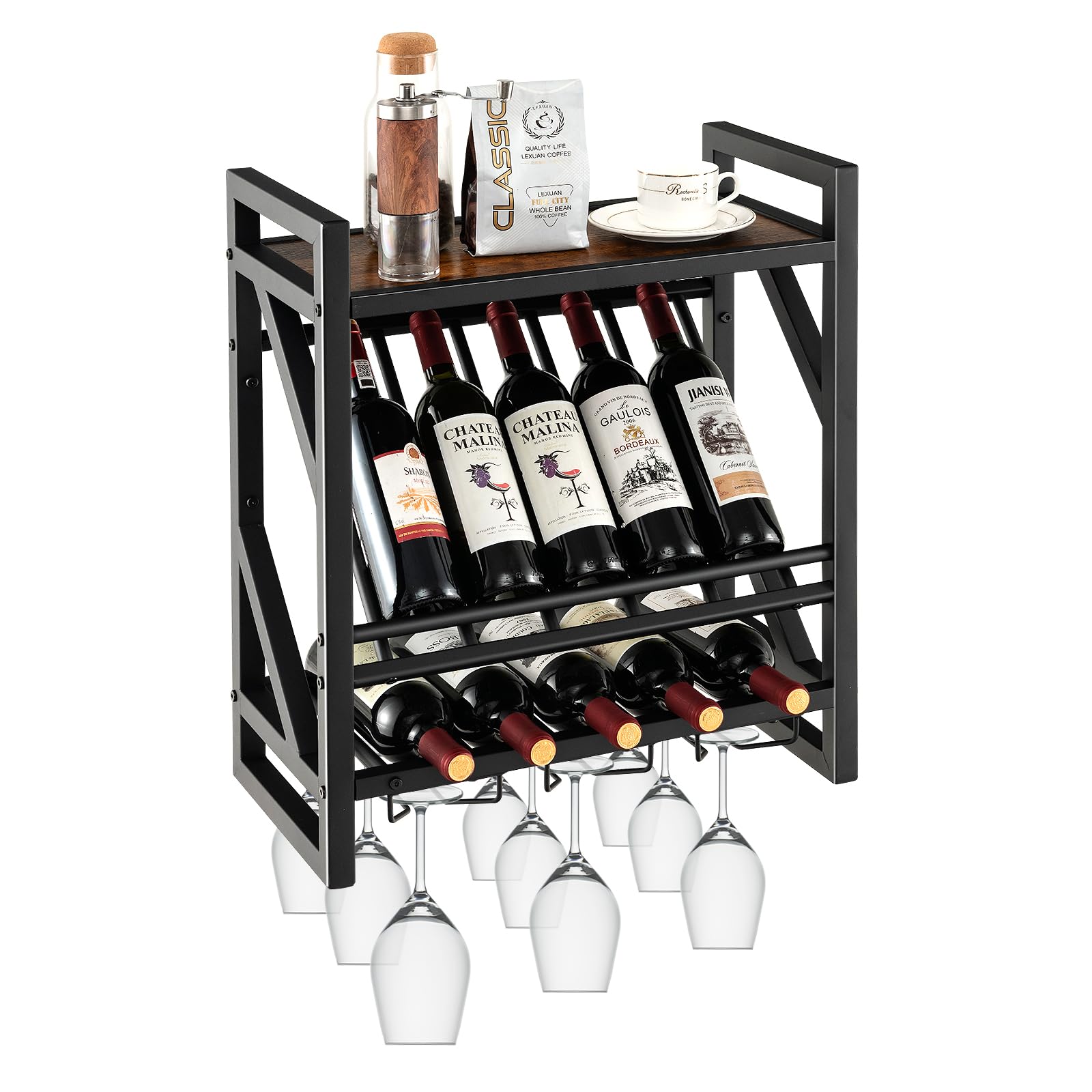 Giantex Wall Mounted Wine Rack with Glass Holder, Industrial 2-Tier 10-Bottle Floating Bar Shelves (Black)