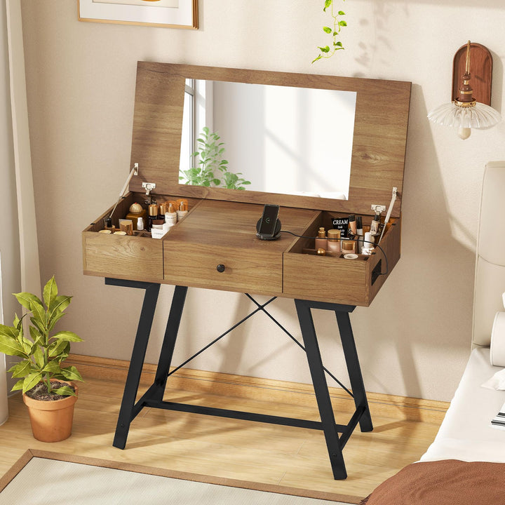 CHARMAID Vanity Desk with Flip Top Mirror with Charging Station