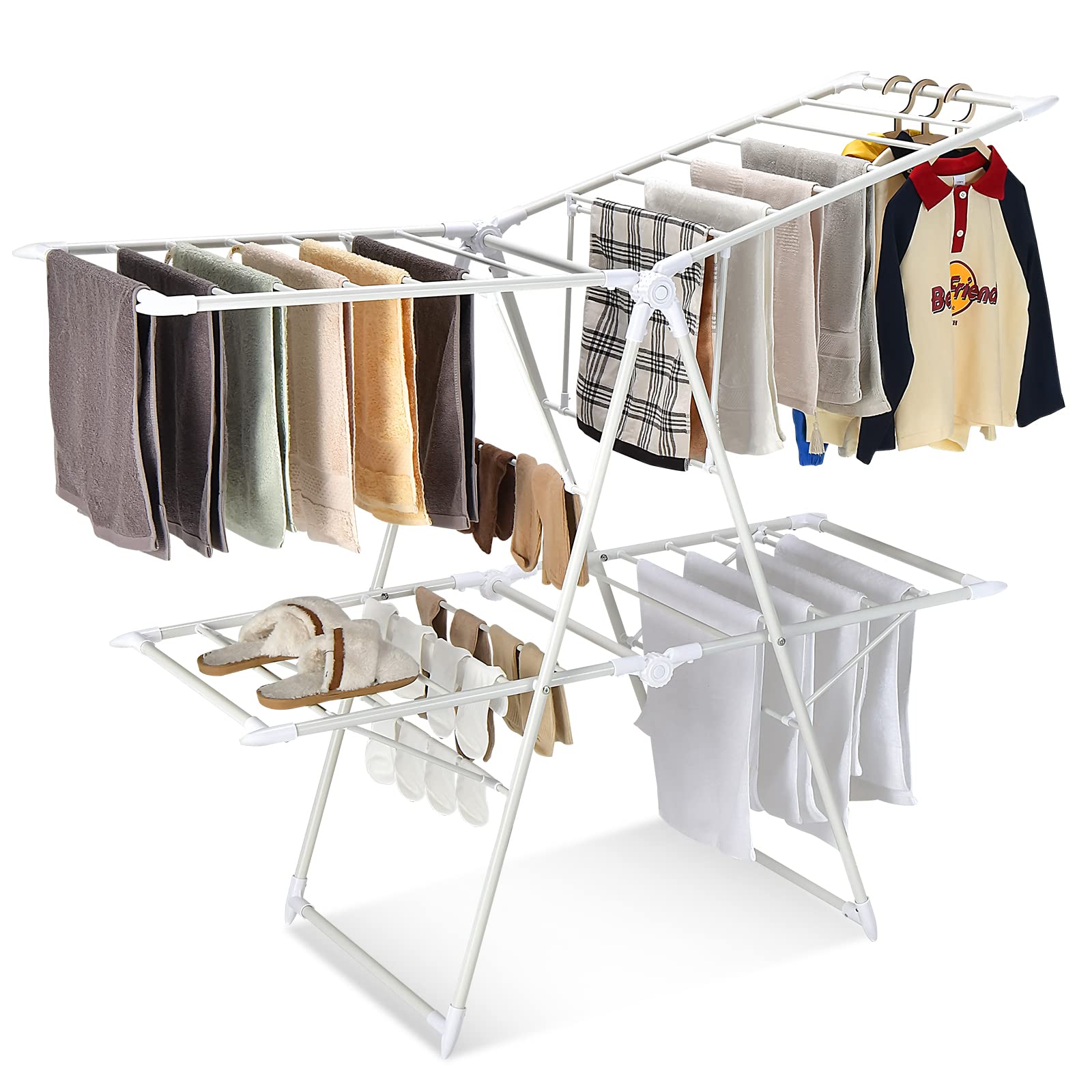 Giantex Clothes Drying Rack, 2-Level Folding Laundry Drying Rack, with Height-Adjustable Wings, White