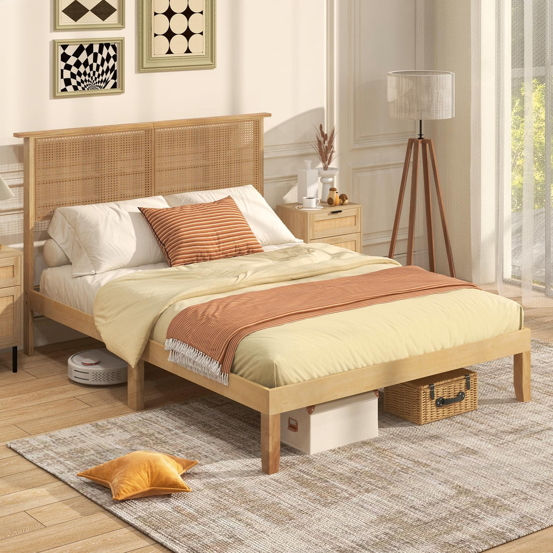 Giantex Bed Frames with Rattan Headboard, Boho Solid Wood Platform Bed with Wooden Slats