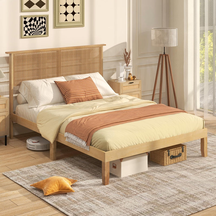 Giantex Bed Frames with Rattan Headboard, Boho Solid Wood Platform Bed with Wooden Slats
