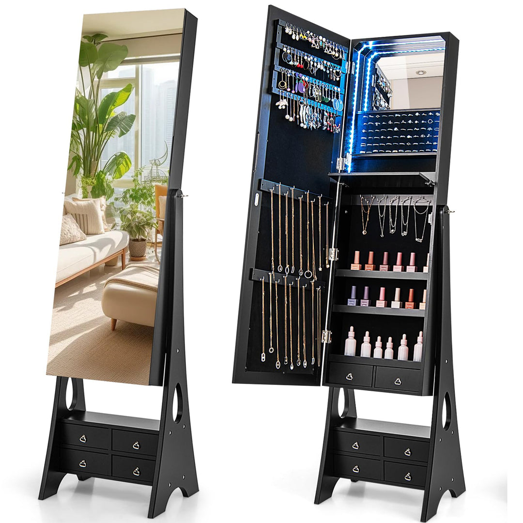 CHARMAID Jewelry Armoire with Full Length Door Mirror & Inside Lighted Vanity Mirror