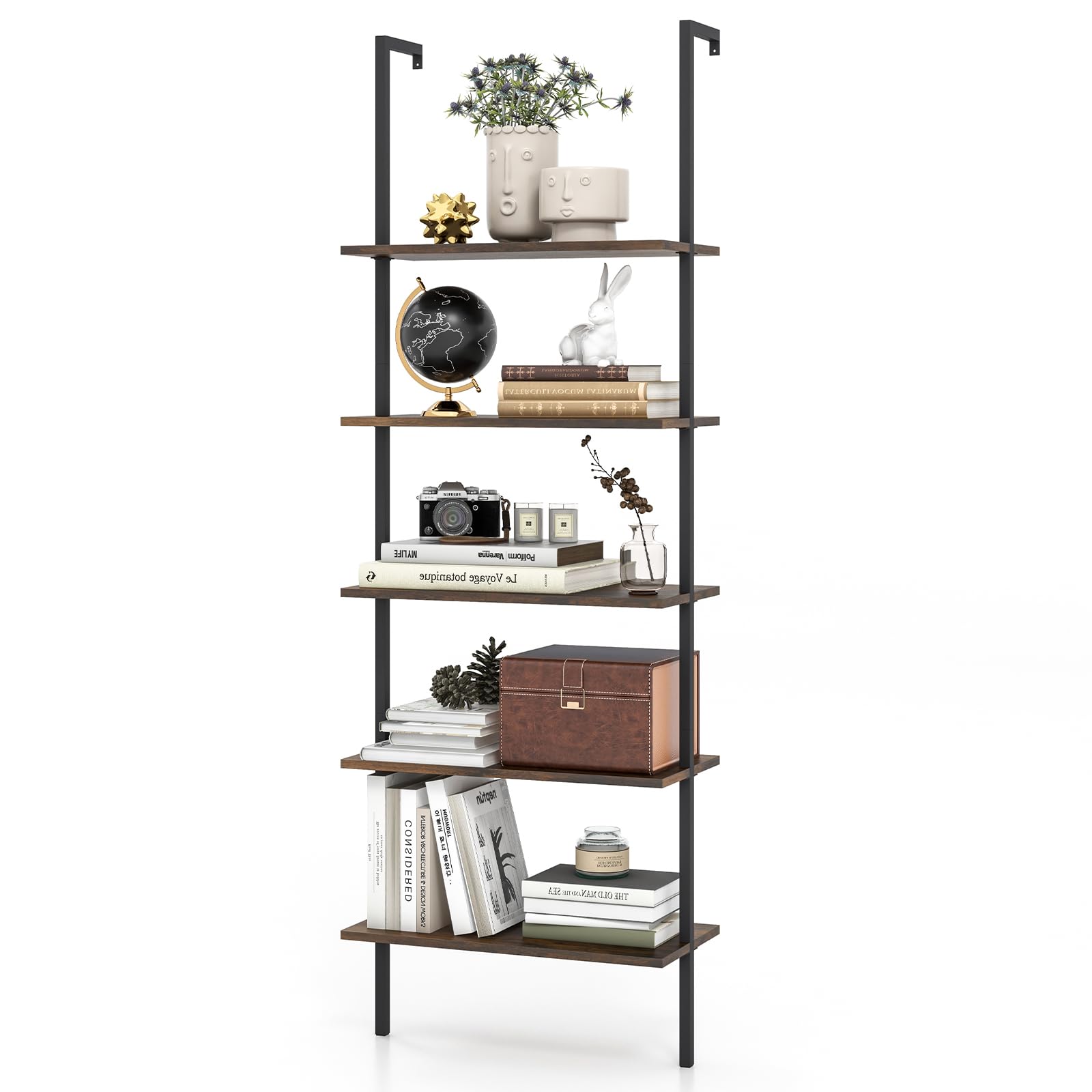 Giantex 5 Tier Modern Wall Mounted Bookshelf, 71'' White and Gold Wood Bookcase with Steel Frame