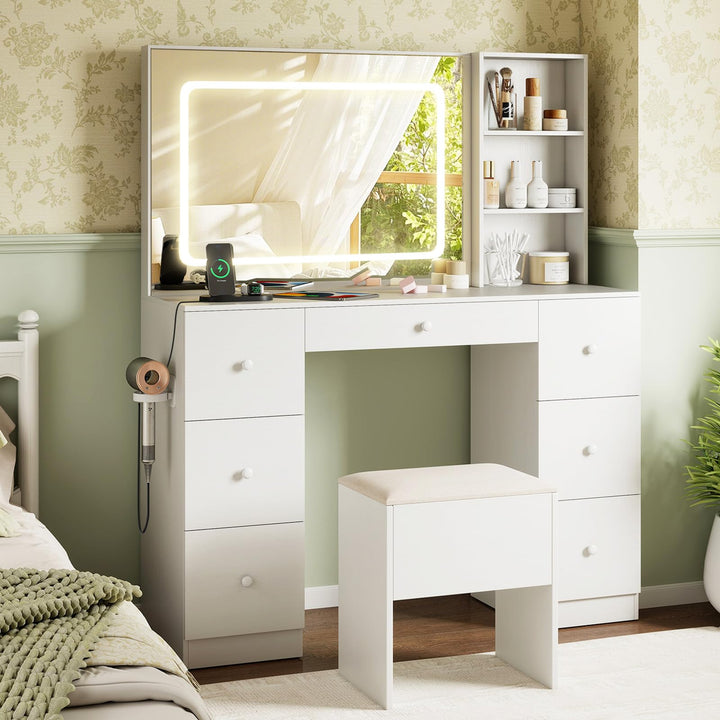 Giantex Large Vanity Desk with Lighted Mirror 46in White Makeup Table with 7 Drawers Charging Station