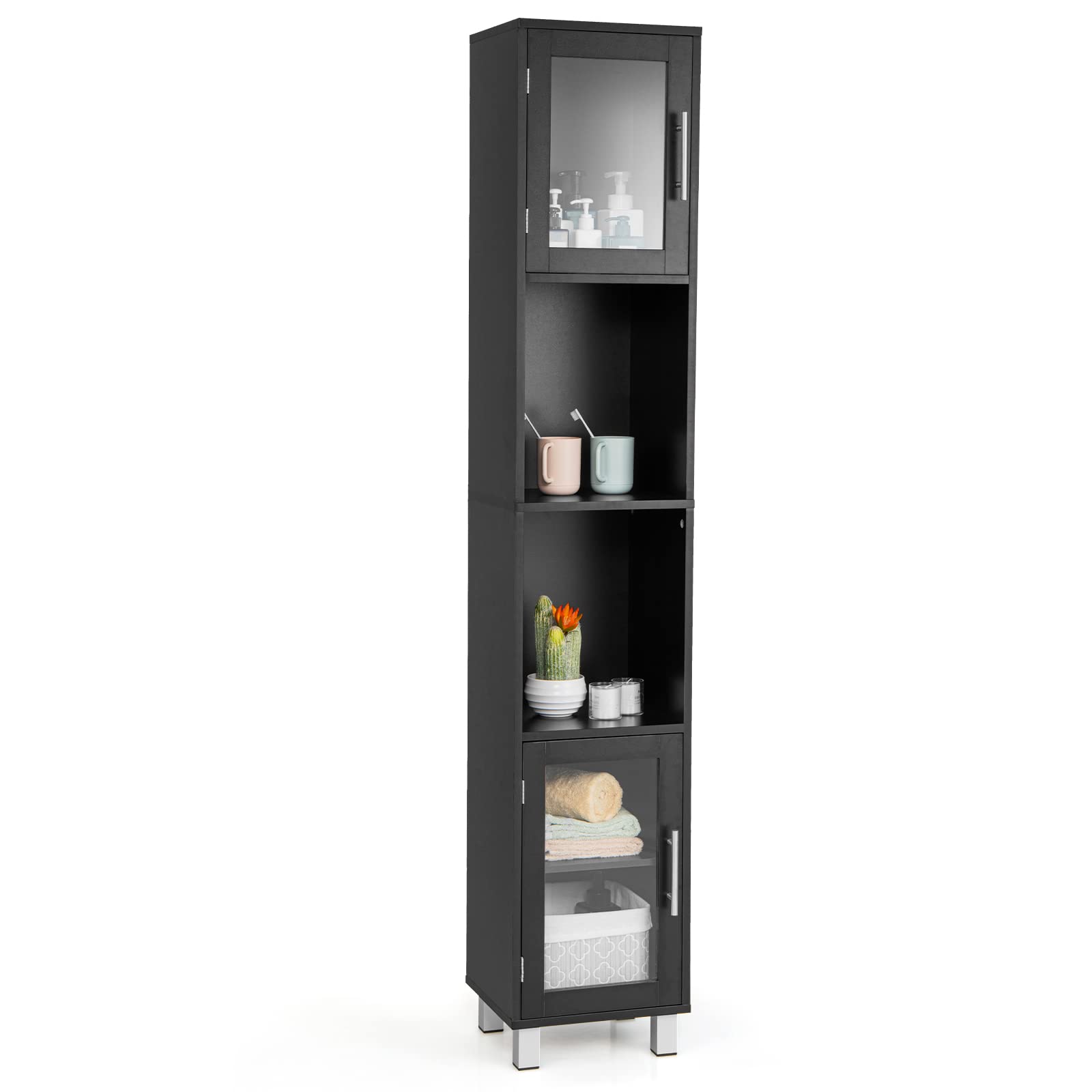 Giantex High Storage Bathroom Cabinet, Freestanding Slim Organizer, Linen Tower Narrow Floor Cabinet, Black