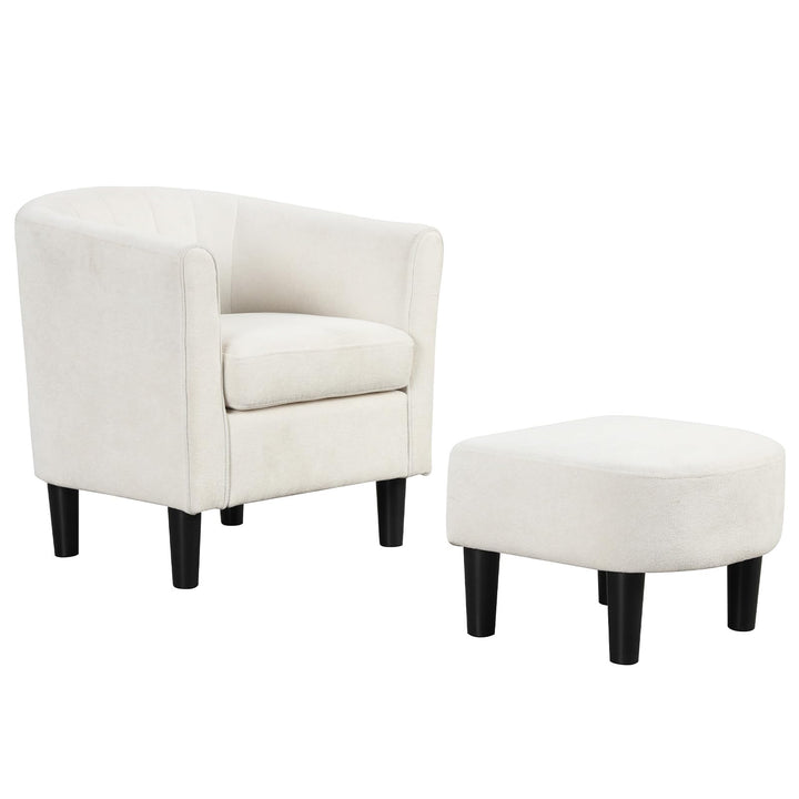 Giantex Modern Accent Chair with Ottoman, Upholstered Teddy Velvet Barrel Club Chair w/Footrest