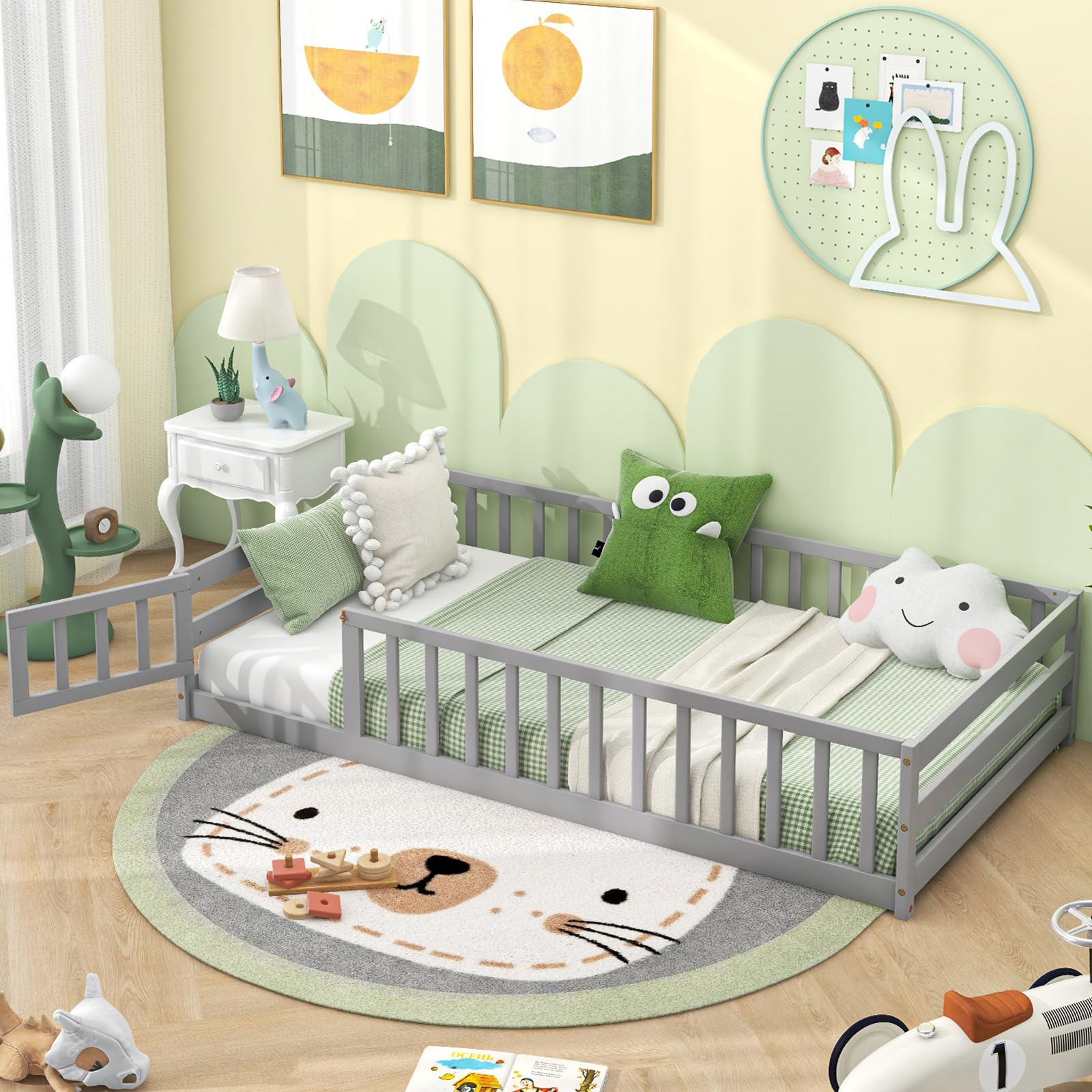 Giantex Twin Floor Bed with Door & Fence, Kids Wood Montessori Bed wit ...