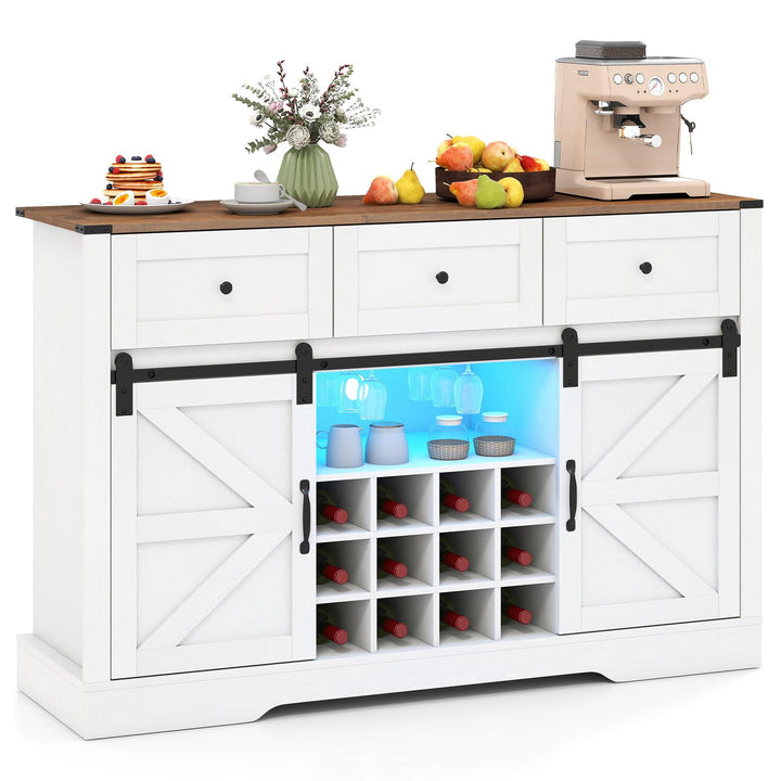 Giantex Wine Bar Cabinet with LED Lights 52" Buffet Sideboard w/Sliding Barn Door 3 Drawer