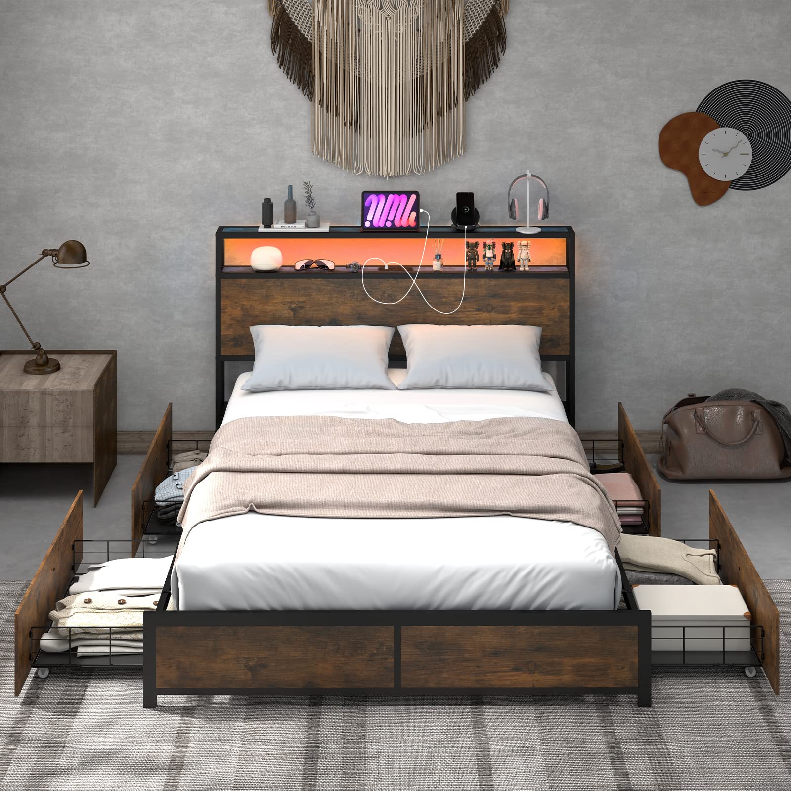 Queen/Full Bed Frame with LED Lights Headboard and 4 Storage Drawers - Guiantex