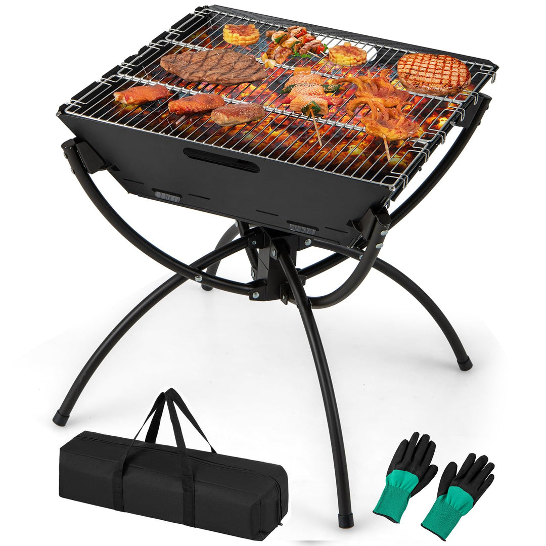 Giantex Folding Campfire Grill, Camping Fire Pit with Stainless Steel Grates, Collapsible Aluminum Legs, Carry Bag