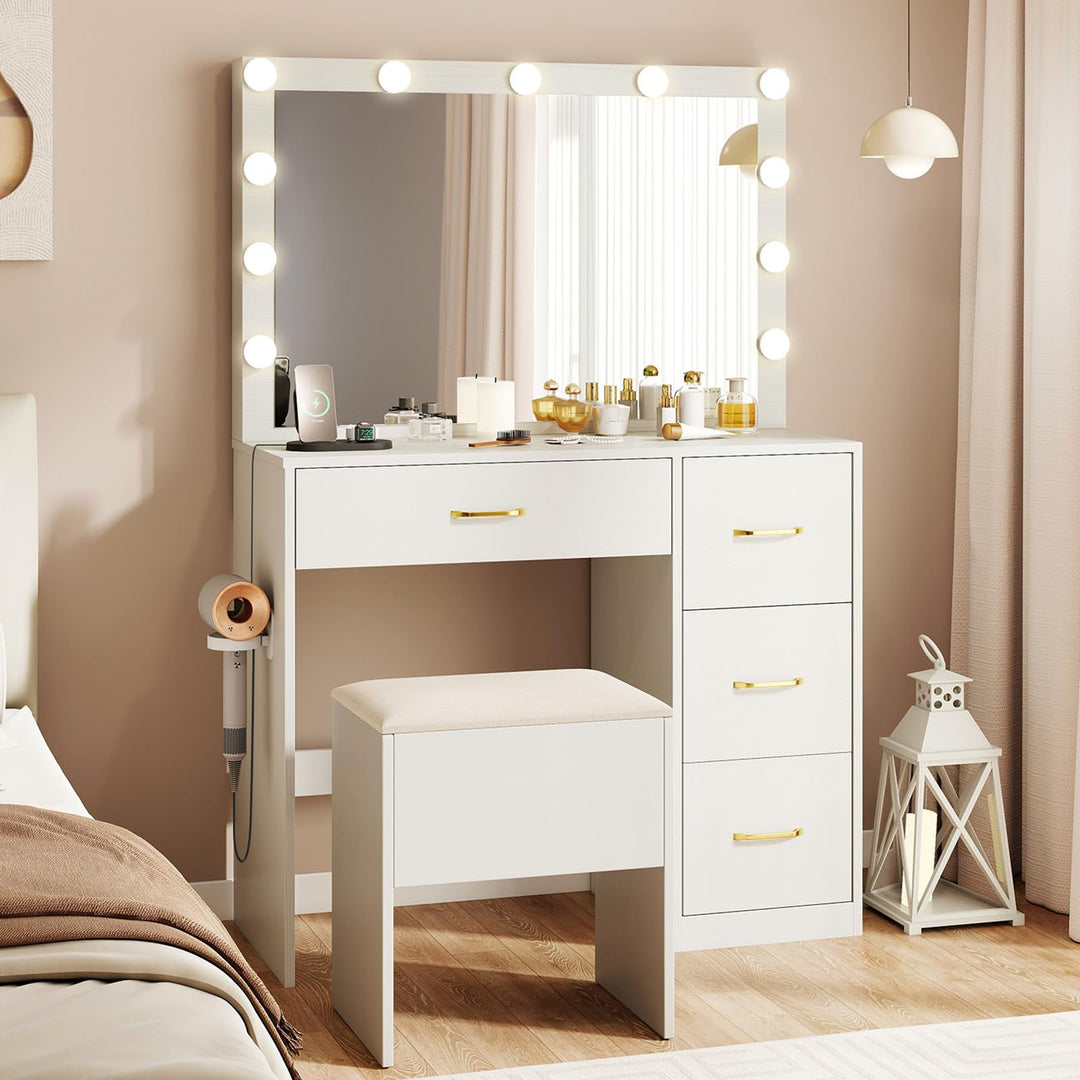 CHARMAID Vanity Desk with Mirror and Lights Makeup Dressing Table with Power Outlets